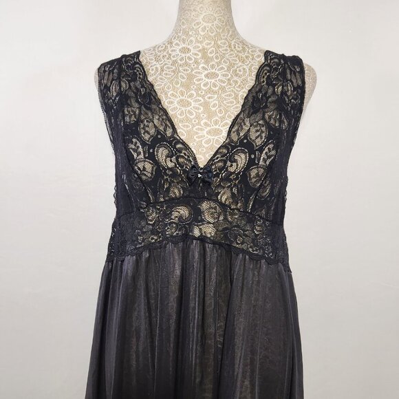 VTG Shadow Line Large Black Satin Nylon Lace Trim Slip Dress Nightwear Gothic - Picture 2 of 13